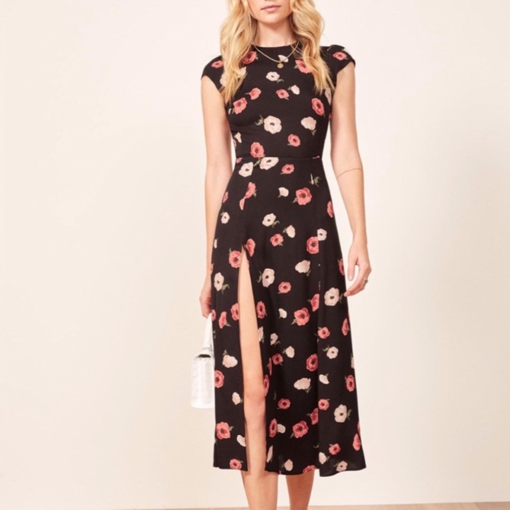 Reformation Black Floral Midi Dress